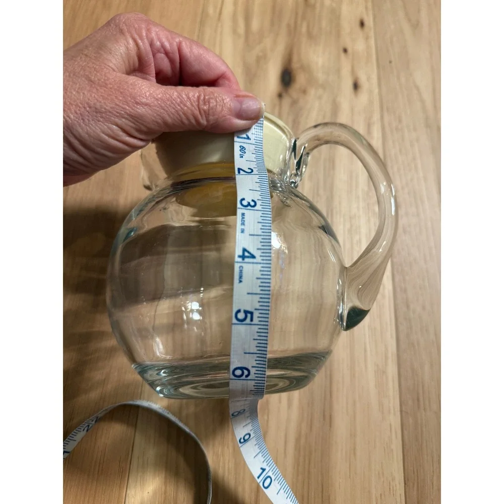 Vintage Hand Blown Glass Juice Pitcher Clear Off White Plastic Lid MCM Style